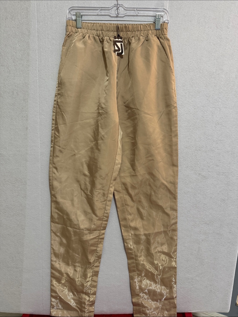 Women's Tan Satin Hugh Waist Pants with Elastic Waist